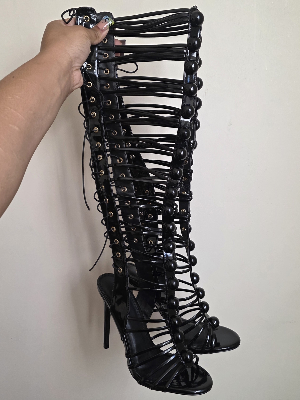 Liliana Black Strappy Gladiator Knee-High Stiletto Sandals